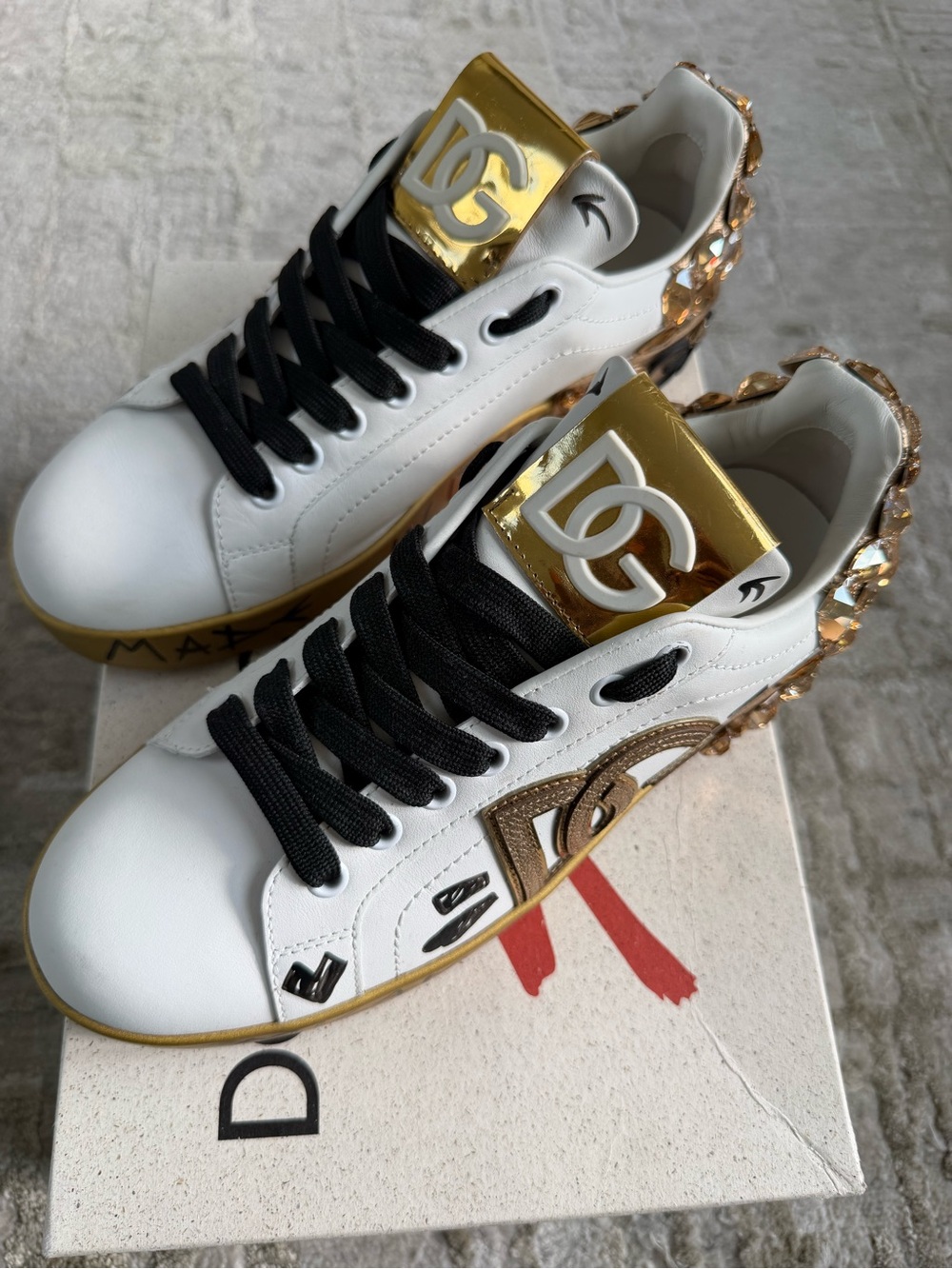 Dolce & Gabbana White Sneakers with Gold Hardware and Black Laces. Used once